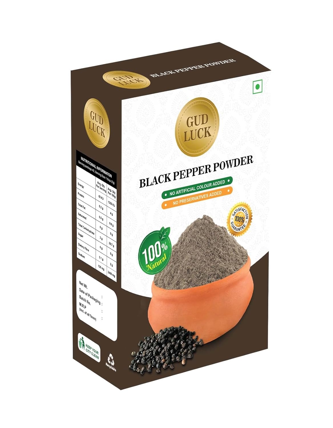 Gud Luck Black Pepper Powder, Vegan, Gluten Free, For Cooking, Smoothies, Tea, Packed in Resealable Zip Lock Pouch 3.5 oz